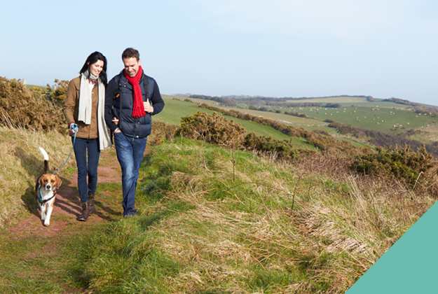 couple walking dog